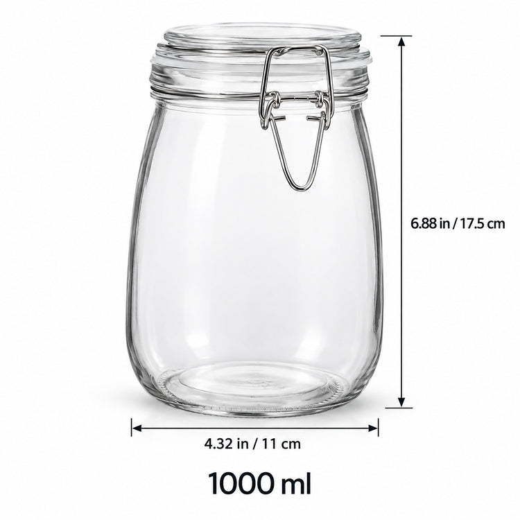 Clear glass clamp-lid jar with measurement annotations showing 1000 ml capacity, 6.88 in / 17.