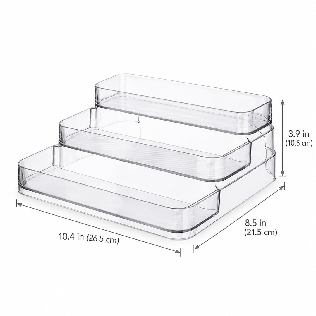 Three clear plastic tiered storage trays shown with dimension lines and measurements: 10.4 in (26.