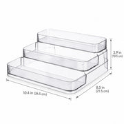 Three clear plastic tiered storage trays shown with dimension lines and measurements: 10.4 in (26.
