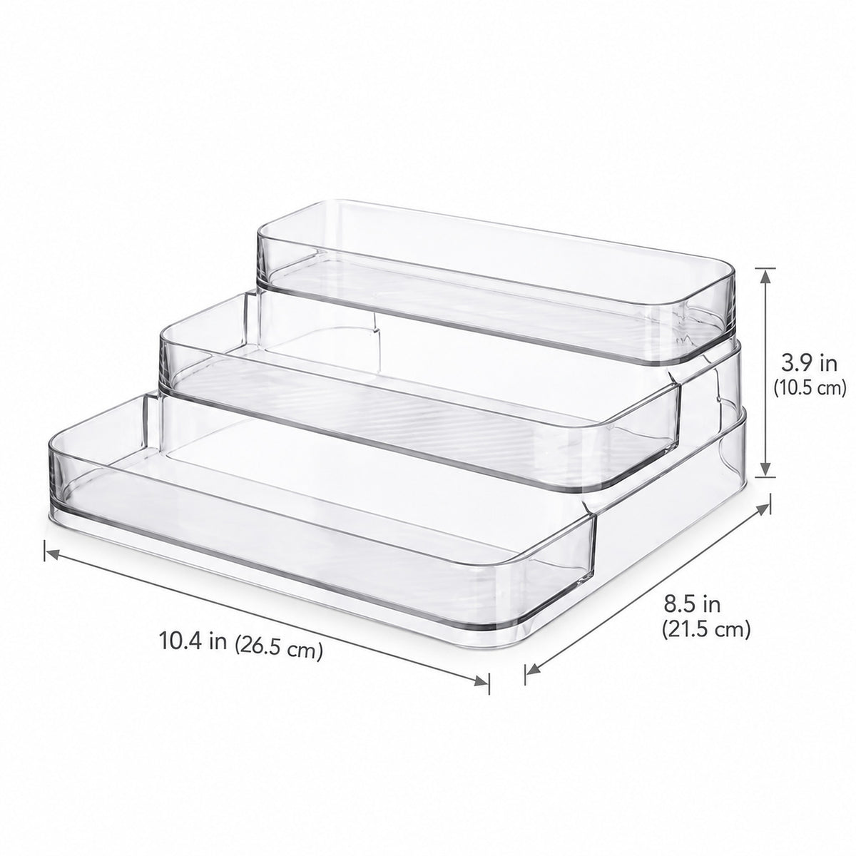 Three clear plastic tiered storage trays shown with dimension lines and measurements: 10.4 in (26.