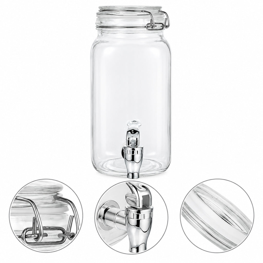 Clear glass beverage dispenser jar with a metal clamp lid and a stainless steel spout, shown on a white background with three circular detail insets highlighting the lid, spout, and glass texture.