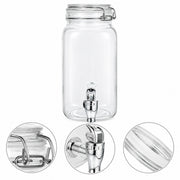 Clear glass beverage dispenser jar with a metal clamp lid and a stainless steel spout, shown on a white background with three circular detail insets highlighting the lid, spout, and glass texture.