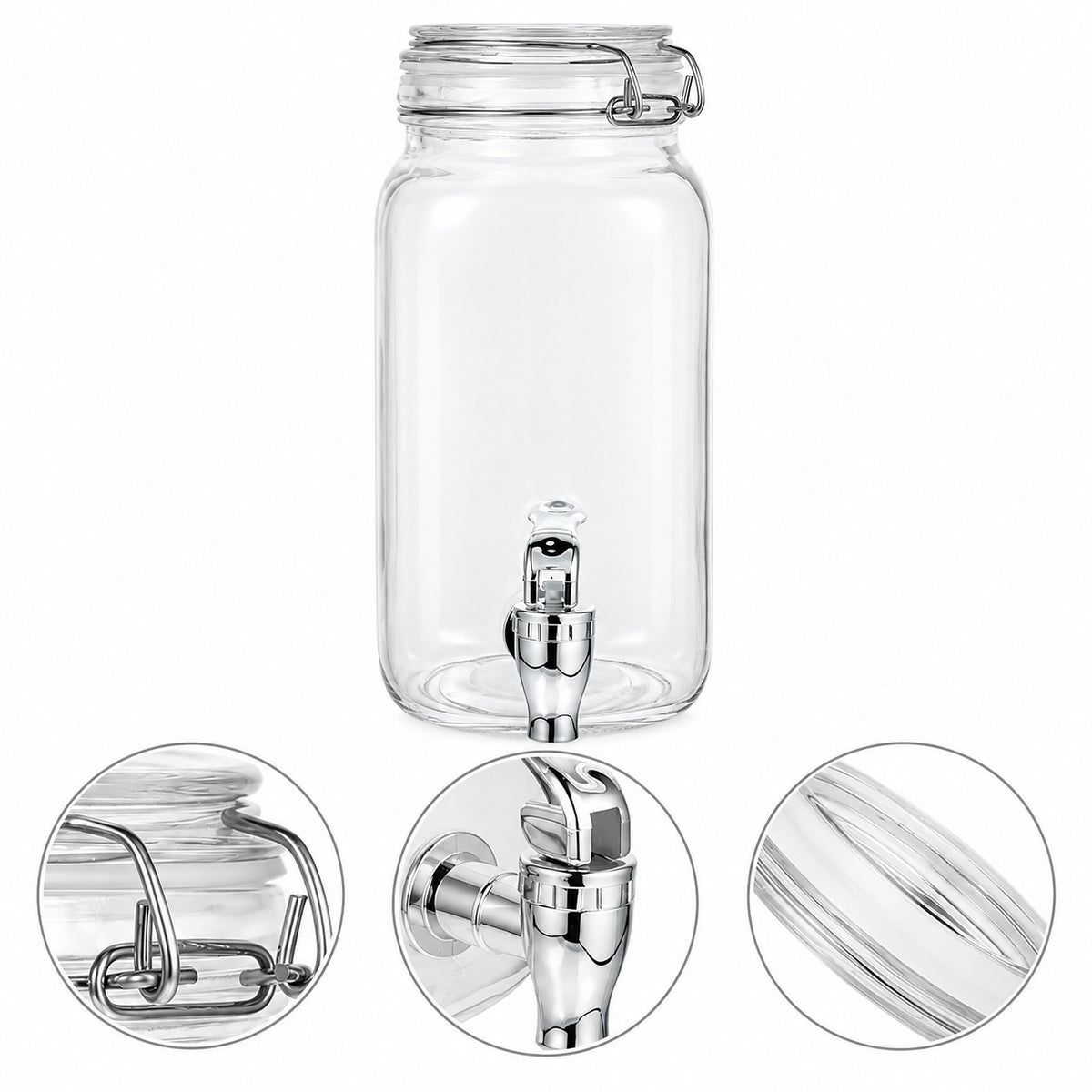 Clear glass beverage dispenser jar with a metal clamp lid and a stainless steel spout, shown on a white background with three circular detail insets highlighting the lid, spout, and glass texture.