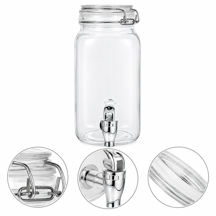 Clear glass beverage dispenser jar with a metal clamp lid and a stainless steel spout, shown on a white background with three circular detail insets highlighting the lid, spout, and glass texture.