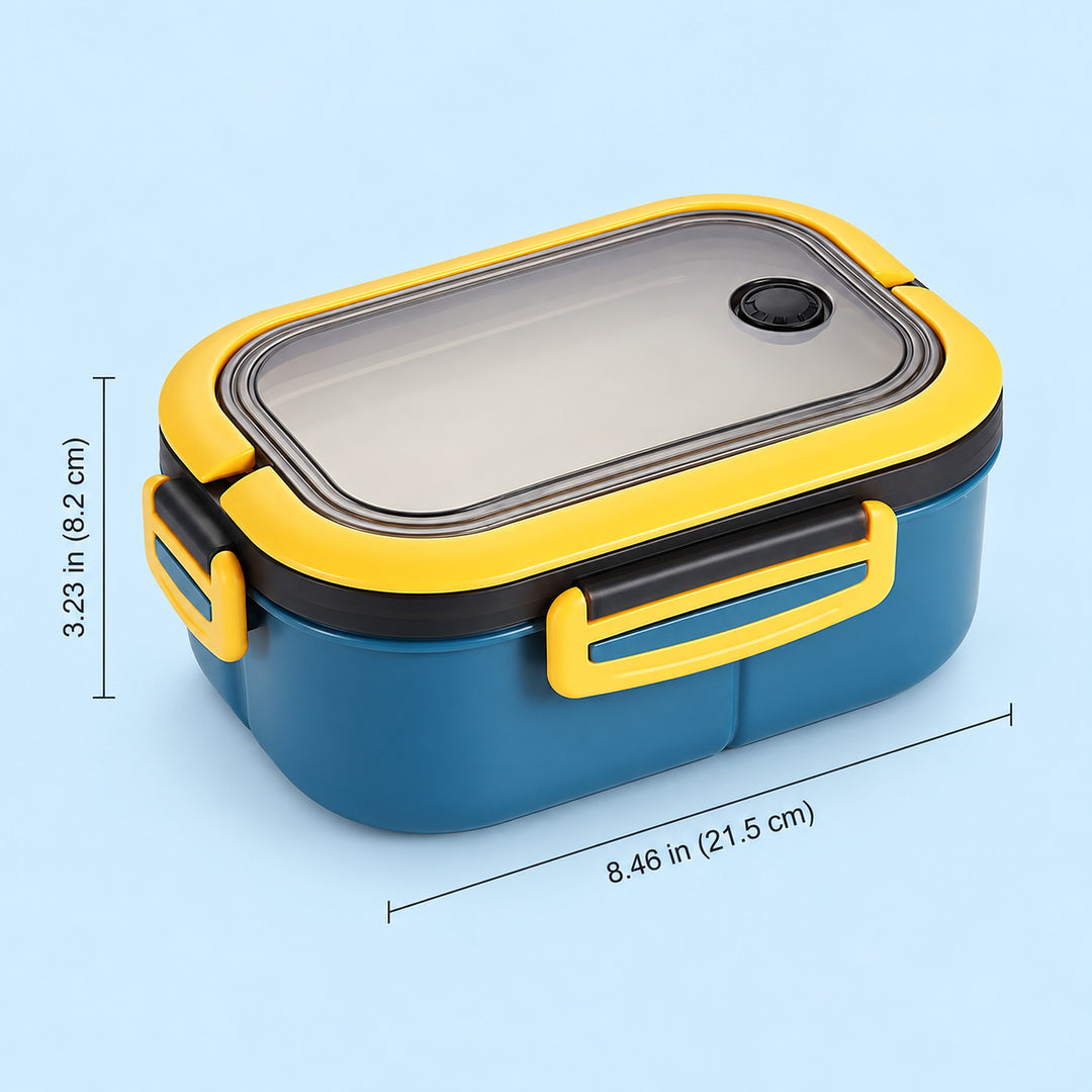 Blue lunch box: 21.5 cm long and 8.2 cm high.