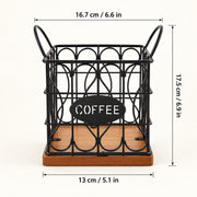 Black metal wire coffee basket with a wooden base and a black oval sign reading 'COFFEE', shown with dimension labels indicating 16.7 cm width, 17.