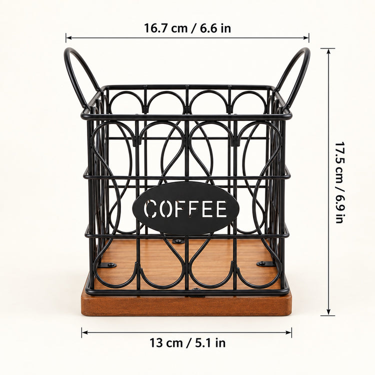Black metal wire coffee basket with a wooden base and a black oval sign reading 'COFFEE', shown with dimension labels indicating 16.7 cm width, 17.