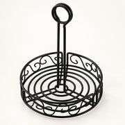 A black metal wire serving stand with a circular base, decorative scrollwork, and a tall loop handle, shown on a plain white background.