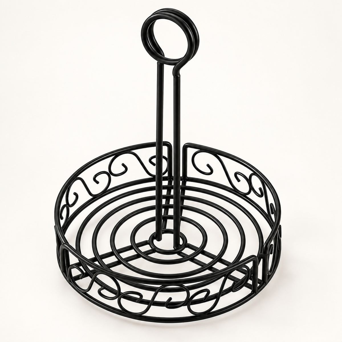 A black metal wire serving stand with a circular base, decorative scrollwork, and a tall loop handle, shown on a plain white background.