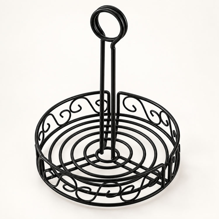 A black metal wire serving stand with a circular base, decorative scrollwork, and a tall loop handle, shown on a plain white background.