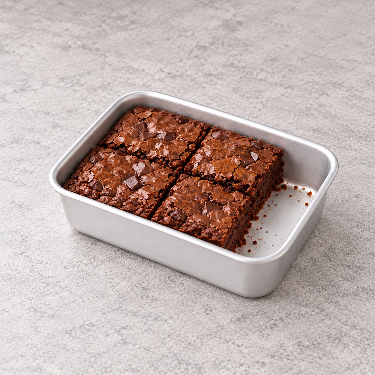 Shallow mini baking pan used for a small batch of brownies.