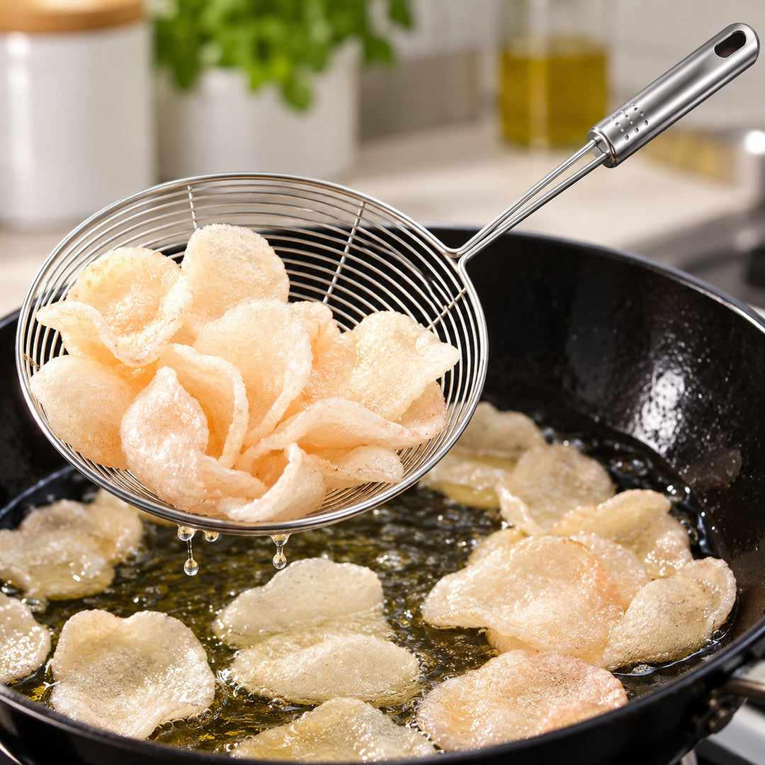 Wire skimmer lifting fried crackers from a pan.