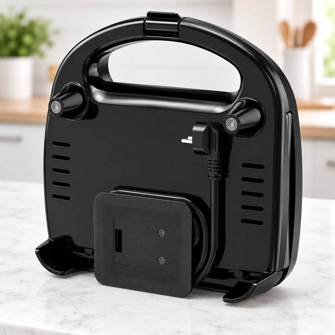A black electric kettle with a built-in handle and power cord, shown on a white marble countertop with a blurred kitchen background.