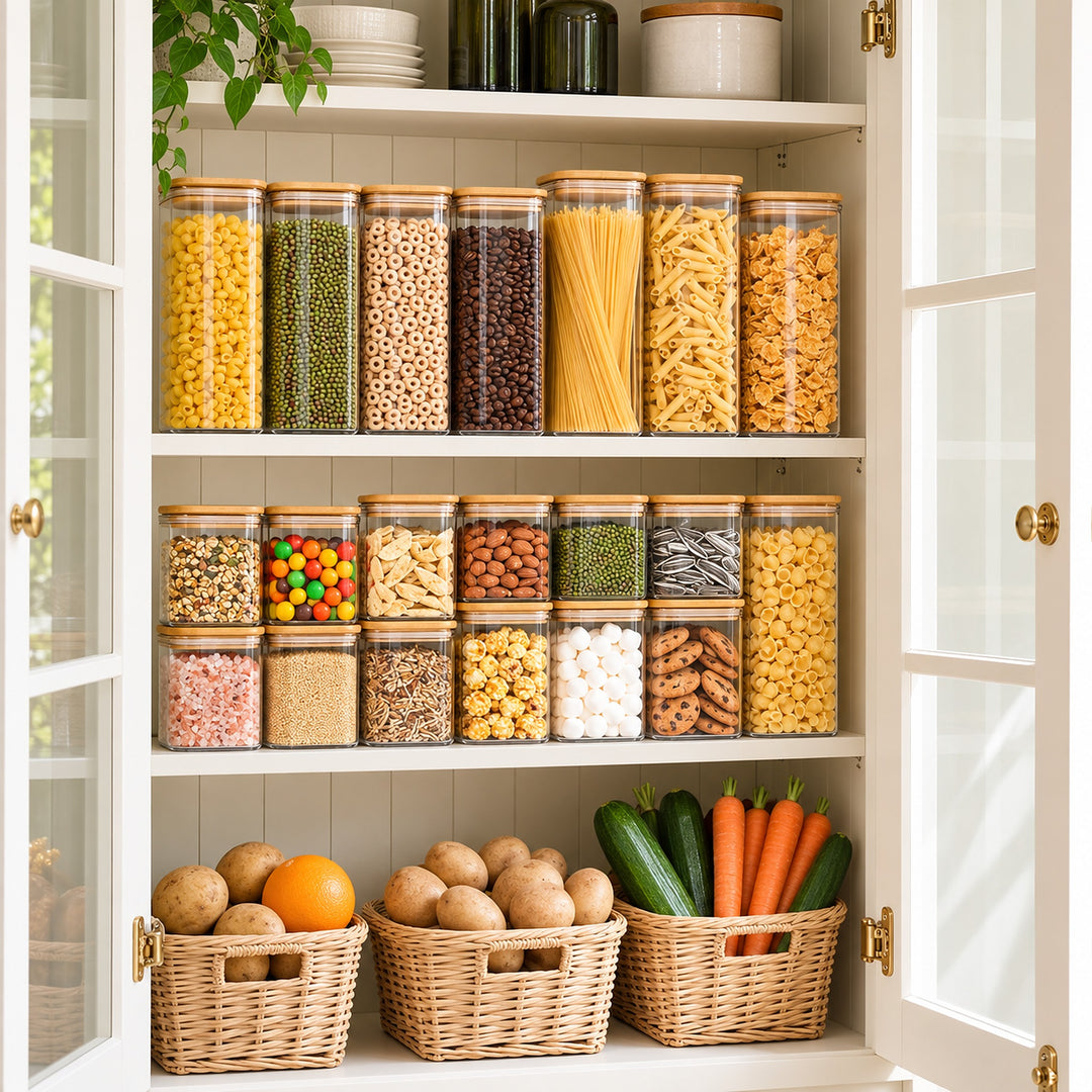 A white kitchen pantry with open doors and shelves, neatly organized with clear plastic jars filled with pasta, beans, nuts, and candies, plus three wicker baskets holding potatoes, oranges, and vegetables.
