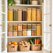 A white kitchen pantry with open doors and shelves, neatly organized with clear plastic jars filled with pasta, beans, nuts, and candies, plus three wicker baskets holding potatoes, oranges, and vegetables.
