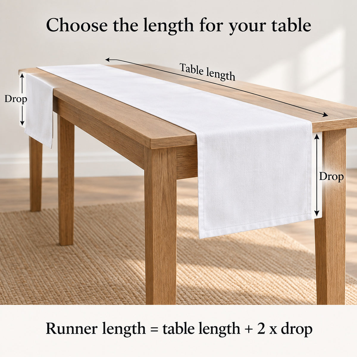 Table runner fit guide showing table length and equal drops at both ends.