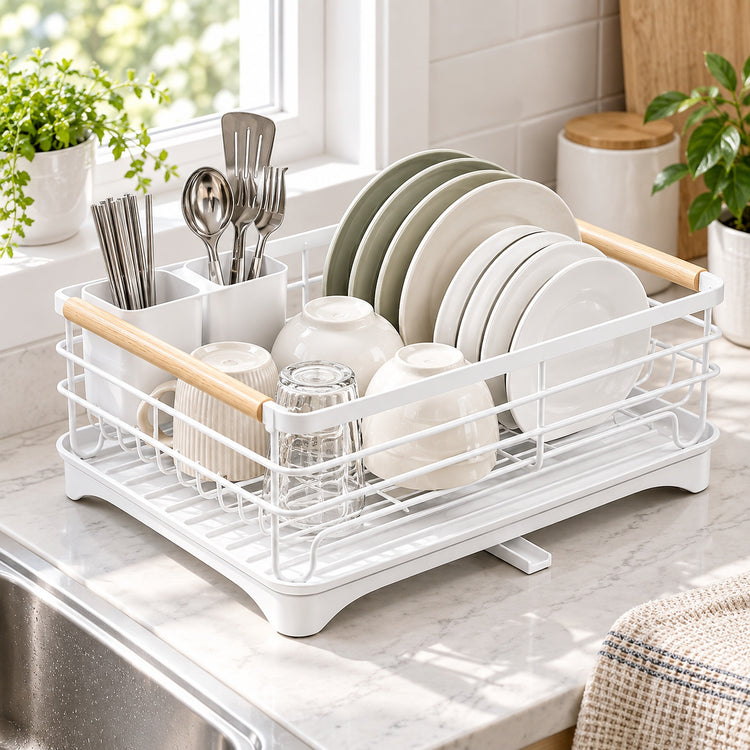 A white wire dish drying rack with light wood handles sits on a kitchen counter by a window, holding plates, bowls, cups, and utensils.