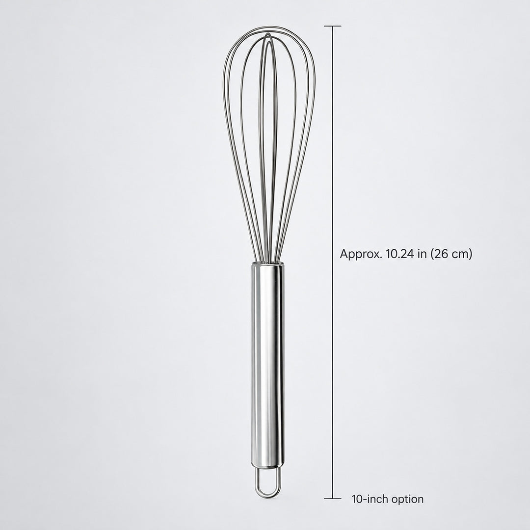 10-inch whisk option, approximately26cm overall length.