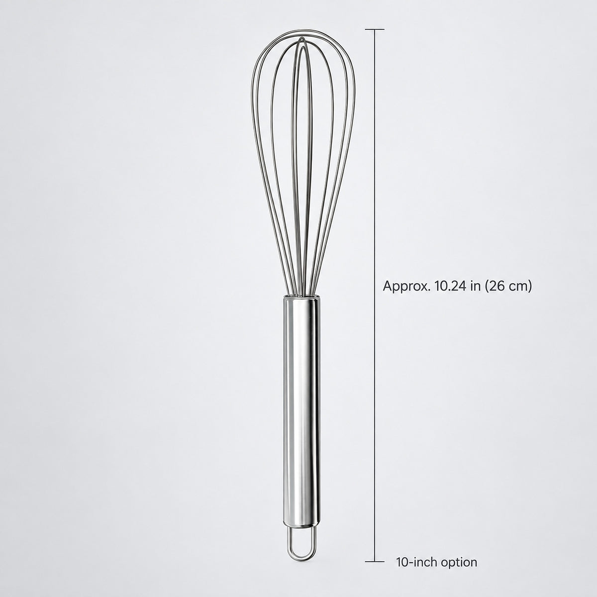 10-inch whisk option, approximately26cm overall length.