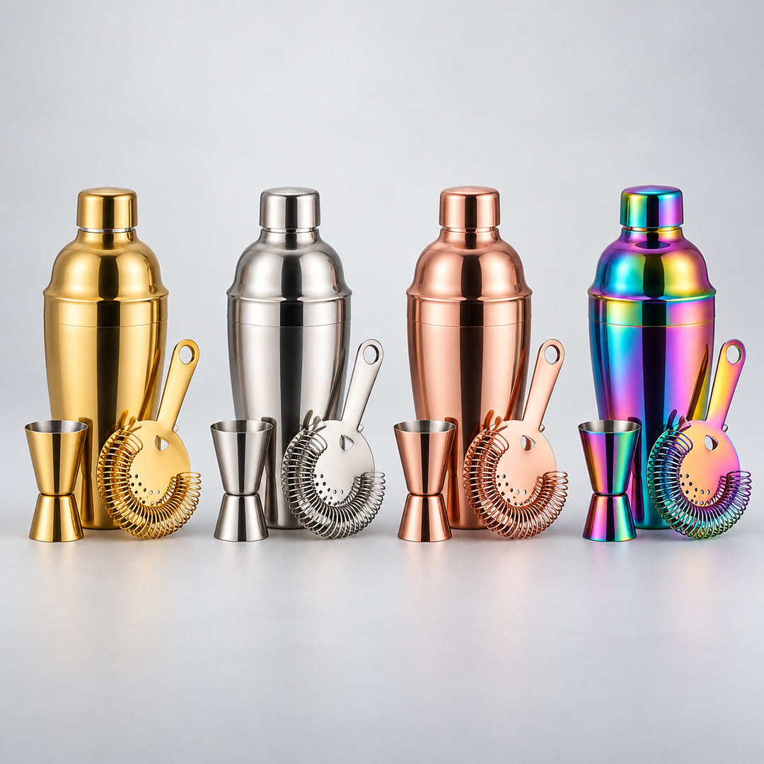 Cocktail shaker kit color and component options arranged in studio