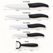 Five kitchen utensils shown with labeled names and measurement lines: a 6-inch chef knife, 5-inch slicing knife, 4-inch utility knife, 3-inch paring knife, and a peeler. The utensils have white blades and black handles on a light gray background.