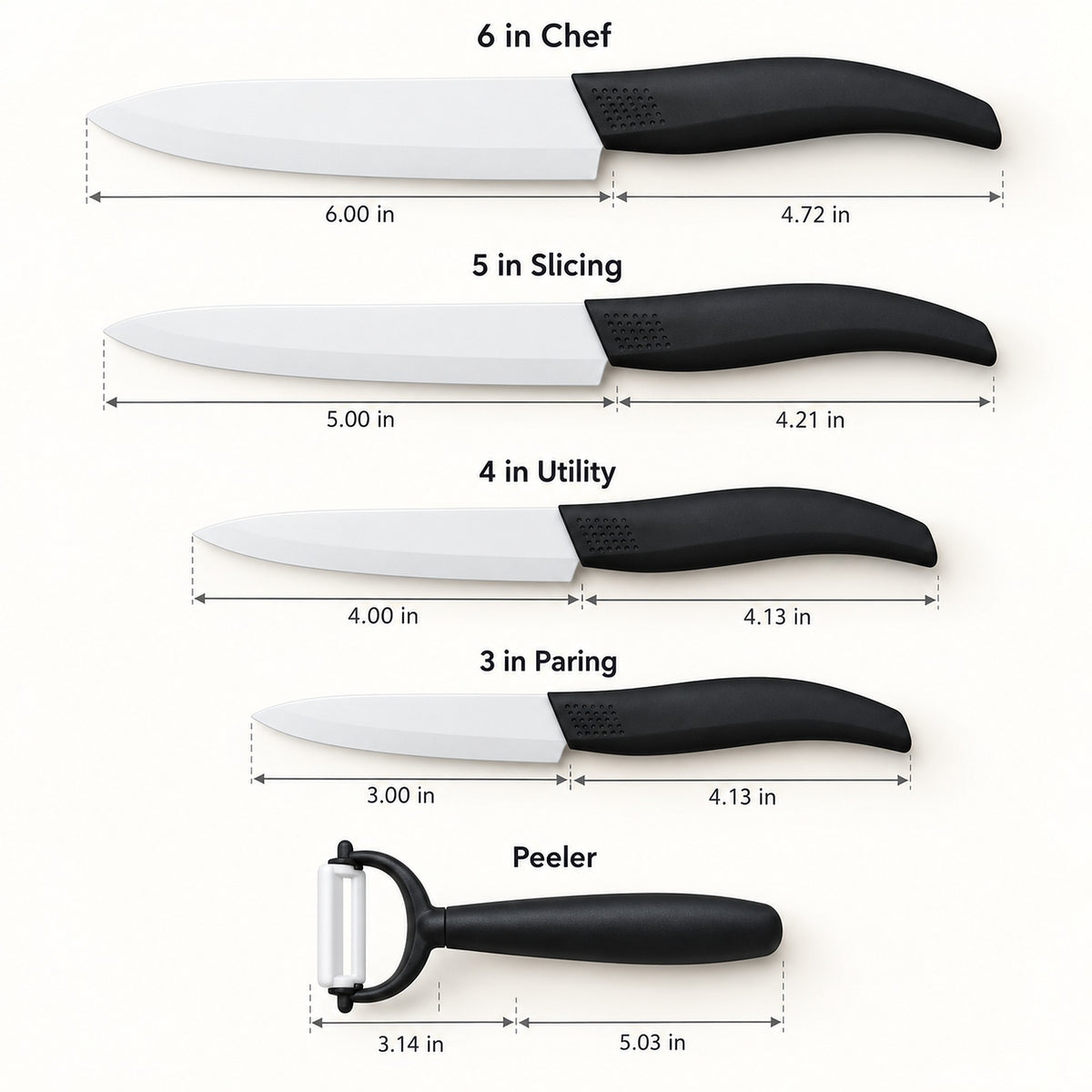 Five kitchen utensils shown with labeled names and measurement lines: a 6-inch chef knife, 5-inch slicing knife, 4-inch utility knife, 3-inch paring knife, and a peeler. The utensils have white blades and black handles on a light gray background.