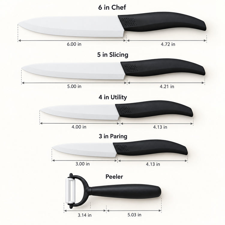 Five kitchen utensils shown with labeled names and measurement lines: a 6-inch chef knife, 5-inch slicing knife, 4-inch utility knife, 3-inch paring knife, and a peeler. The utensils have white blades and black handles on a light gray background.