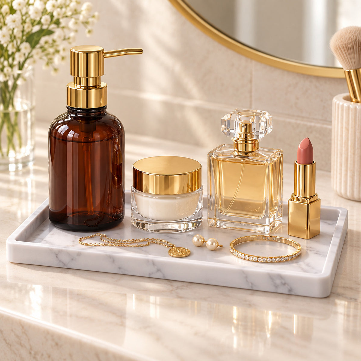 A styled vanity scene on a marble tray with several cosmetic and beauty items: an amber glass pump bottle, a small cream jar with a gold lid, a clear perfume bottle, a pink lipstick, jewelry, and flowers in the background.
