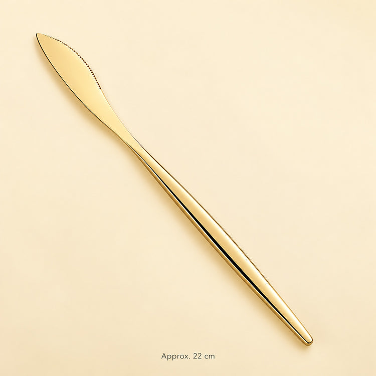 Gold dinner knife, approximately 22 cm long.