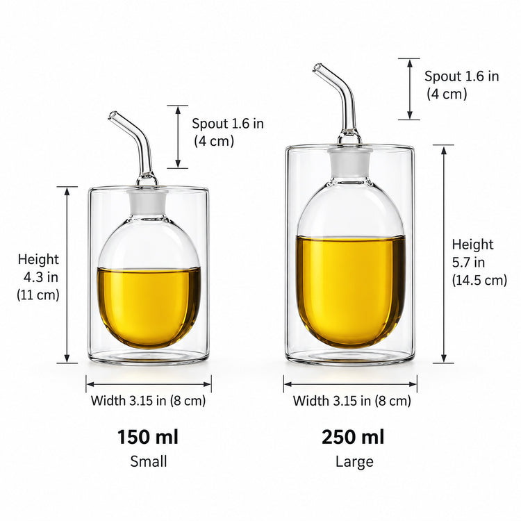 Two clear glass oil drizzlers shown side by side with dimension labels: a small 150 ml version and a large 250 ml version. The image includes measurements for height, width, and spout length, with the glass filled with yellow oil.