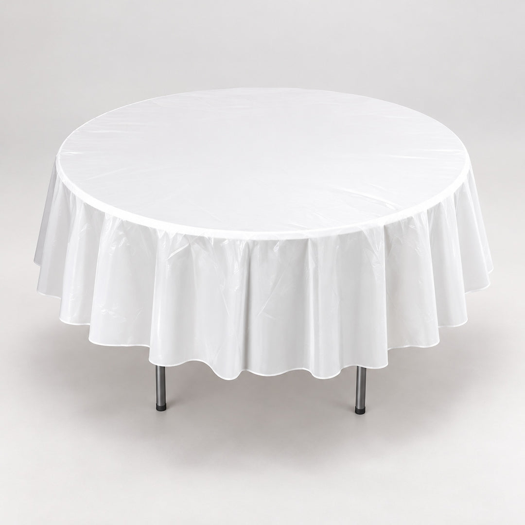 White disposable tablecloth with round edge and hanging drape.
