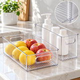 Clear PET organizer bin detail with transparent wall texture and reinforced base for countertop storage