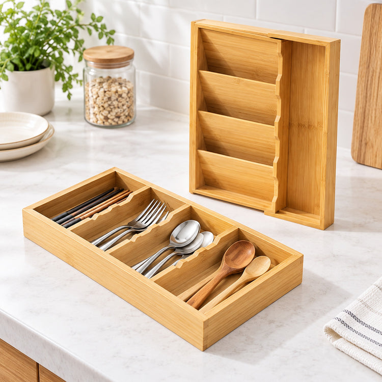 A bamboo kitchen utensil organizer tray shown open on a white marble countertop, holding forks, spoons, chopsticks, and wooden spoons, with a second matching organizer standing behind it.