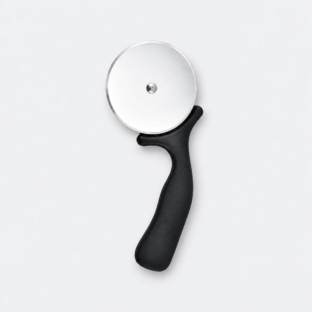 Black handled pizza cutter with a stainless steel wheel.