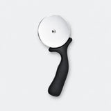 Black handled pizza cutter with a stainless steel wheel.