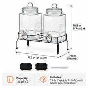 Two clear glass beverage canisters with lids and metal spigots on a black metal stand, shown with dimension lines and included accessories on a white background.
