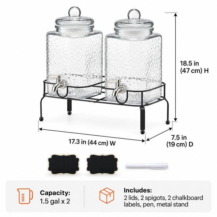 Two clear glass beverage canisters with lids and metal spigots on a black metal stand, shown with dimension lines and included accessories on a white background.