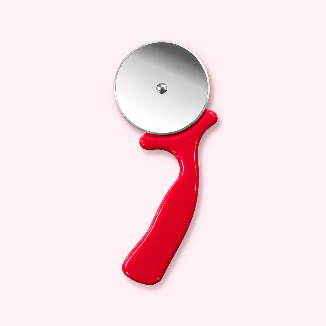 Red handled pizza cutter with a stainless steel wheel.