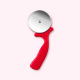 Red handled pizza cutter with a stainless steel wheel.