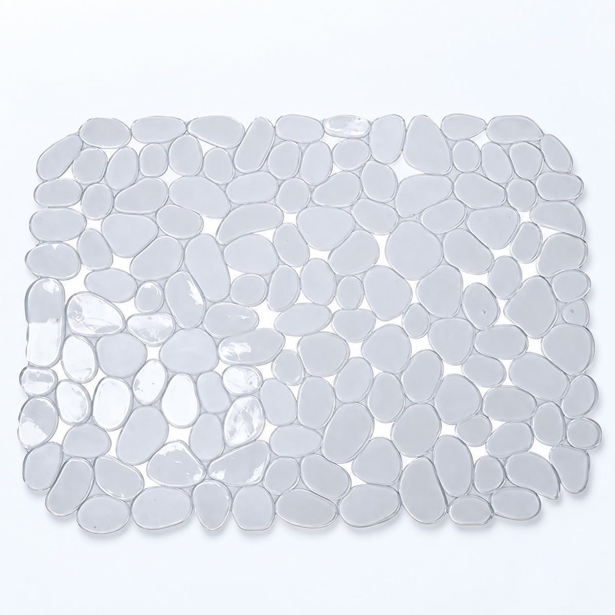 A rectangular bath mat made of smooth, rounded pebble-shaped tiles in translucent white and light gray, shown from a top-down view on a white background.