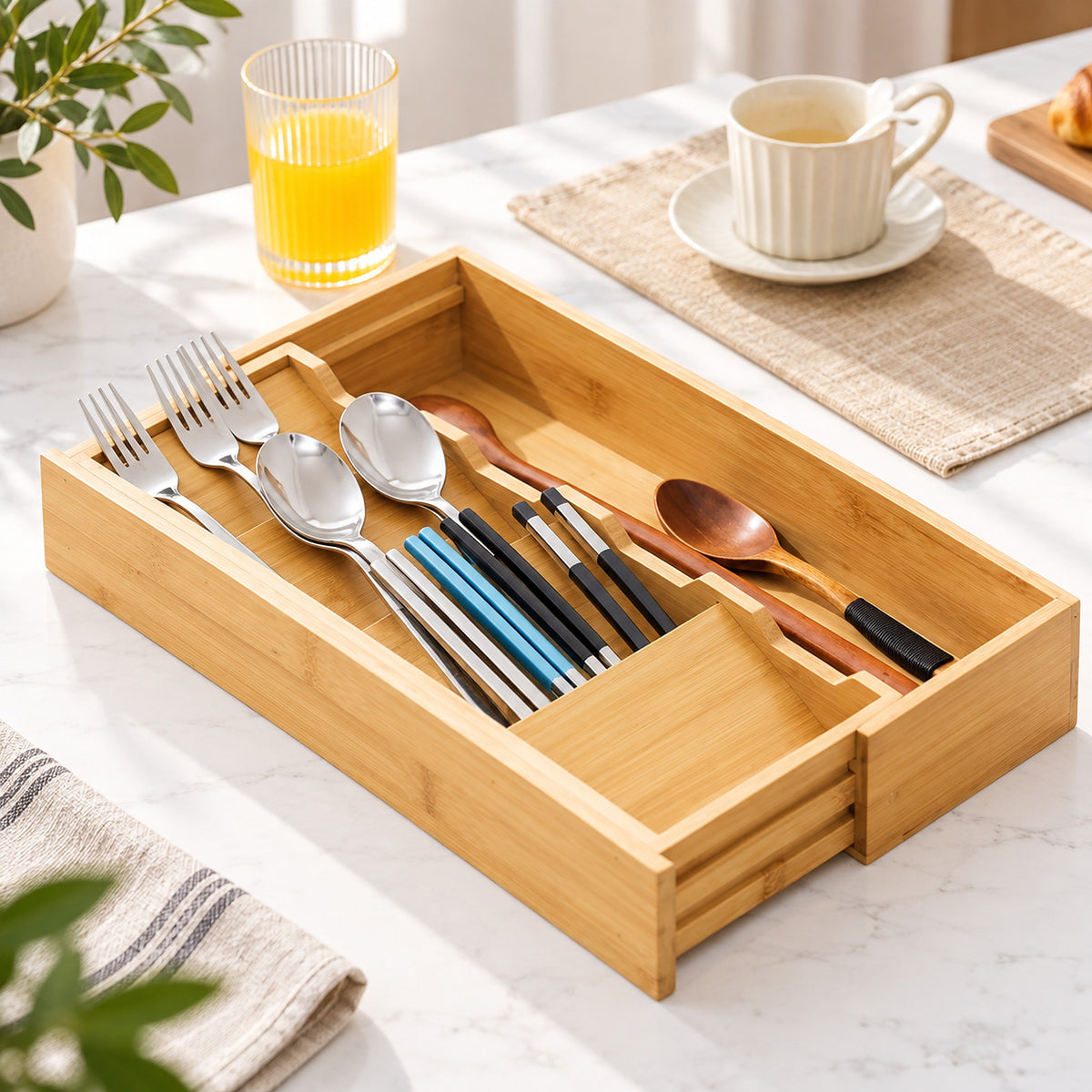 A bamboo utensil organizer tray holding silver spoons, forks, chopsticks, and wooden spoons, placed on a white marble tabletop with a cup, glass of orange juice, and plants in a bright kitchen setting.