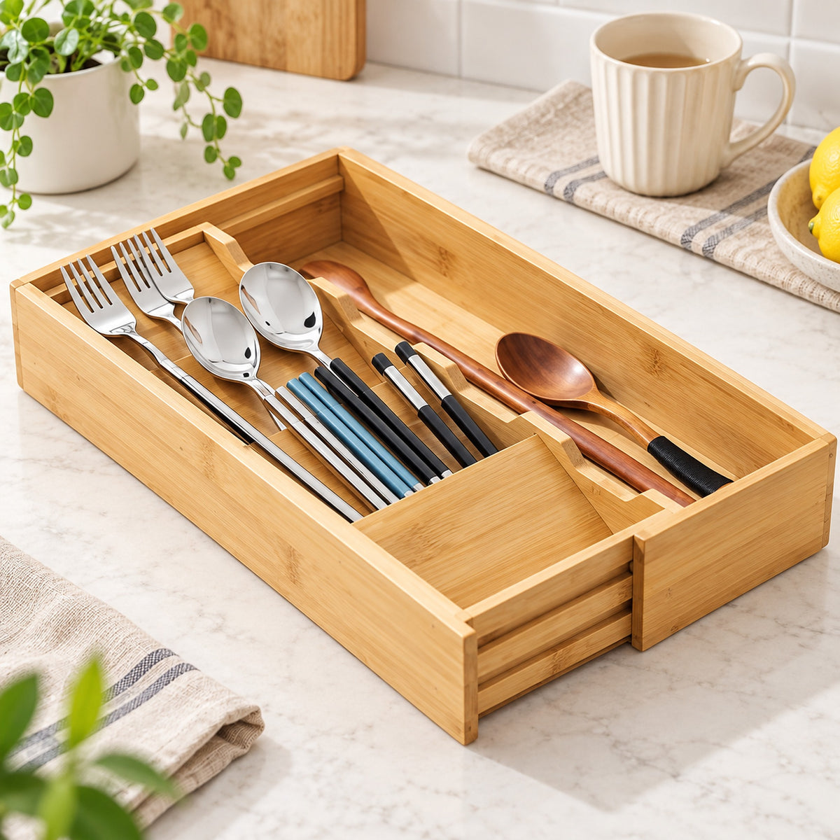 A bamboo cutlery organizer tray on a kitchen counter, holding silver spoons, forks, chopsticks, and copper-colored spoons, with a mug and plants in the background.