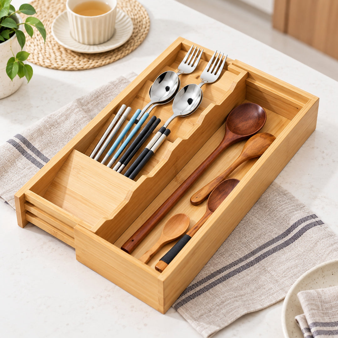 A bamboo utensil organizer tray with divided compartments holding metal forks, chopsticks, spoons, and wooden spoons, placed on a light countertop with a striped cloth and small kitchen props around it.