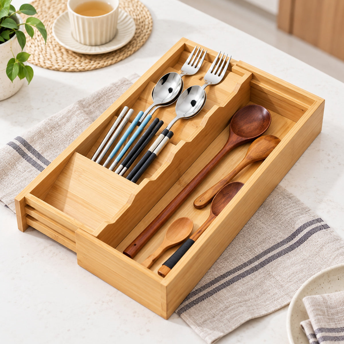 A bamboo utensil organizer tray with divided compartments holding metal forks, chopsticks, spoons, and wooden spoons, placed on a light countertop with a striped cloth and small kitchen props around it.