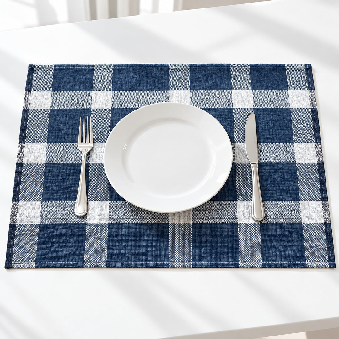 One blue-and-white plaid towel used beneath a dining plate.