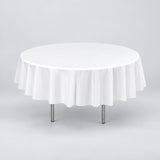 One white disposable PVC tablecloth draped over a round table.