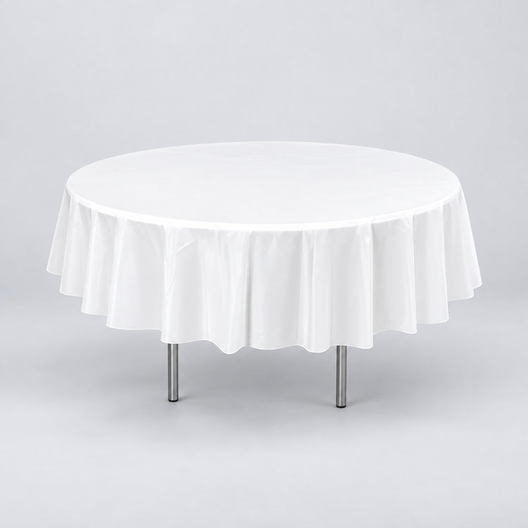One white disposable PVC tablecloth draped over a round table.