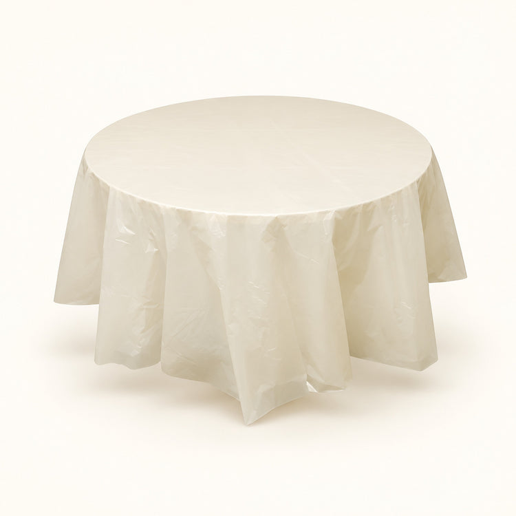 One beige disposable PVC tablecloth draped over a round table.