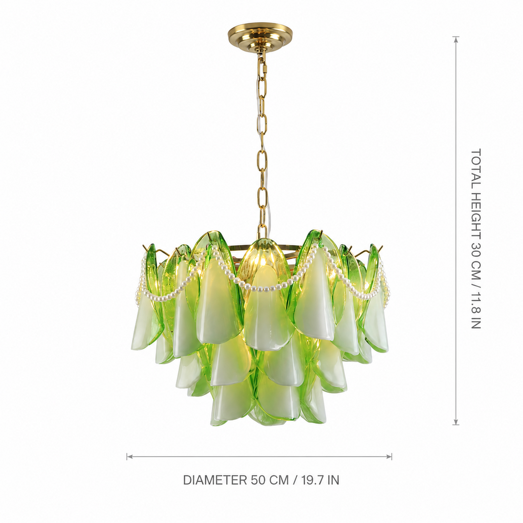 A green and gold glass chandelier pendant light with a gold chain and canopy, featuring layered translucent green and white glass shades. White dimension lines on the right and bottom indicate a total height of 30 cm (11.