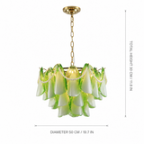 A green and gold glass chandelier pendant light with a gold chain and canopy, featuring layered translucent green and white glass shades. White dimension lines on the right and bottom indicate a total height of 30 cm (11.